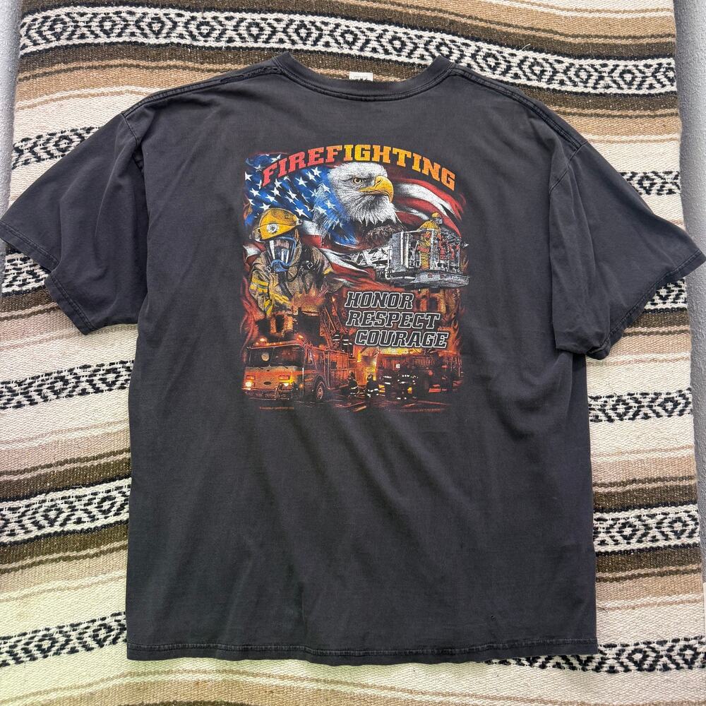 Vintage 2004 Firefighting Honor Respect Courage Black Distressed Shirt Sz 2XL